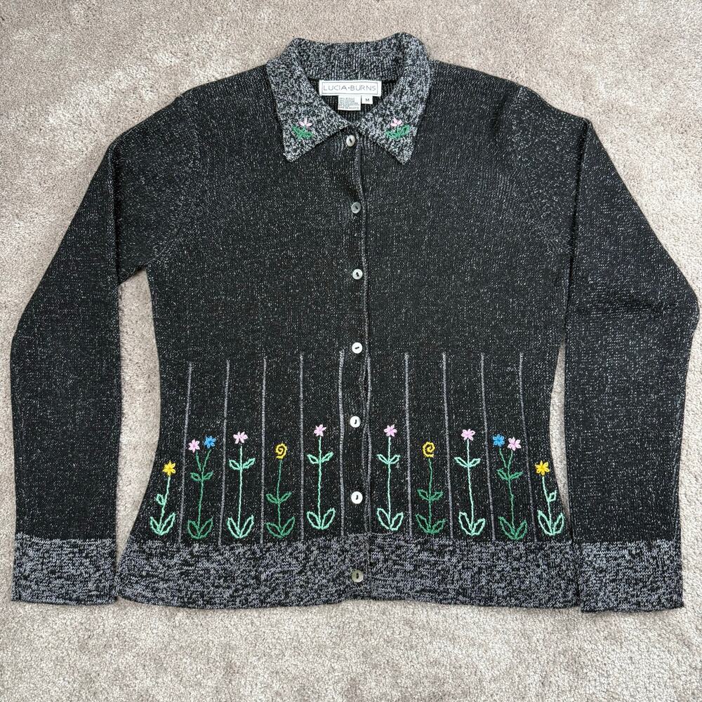 Black Floral Embroidered Sweater Cardigan Size M Lucia Burns Grandma Cottage